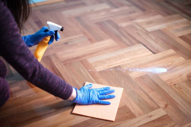 Woman cleaning her home’s hardwood floor with a damp cloth and cleaner