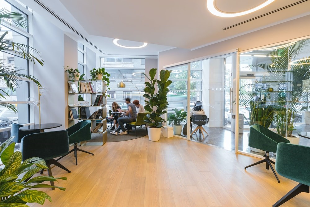 Stylish office interior with wooden flooring