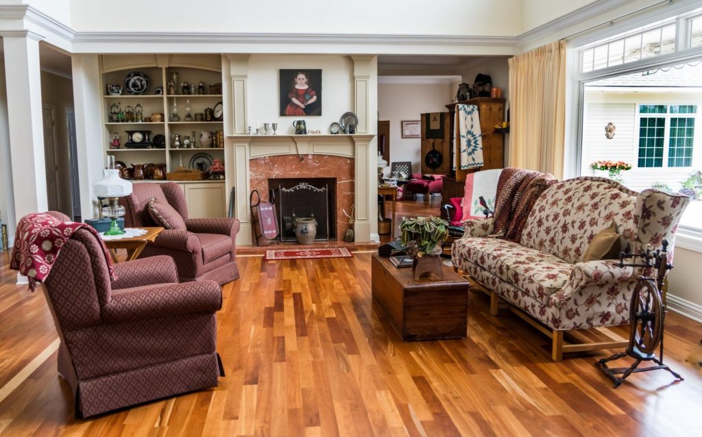 Hardwood floor with fireplace