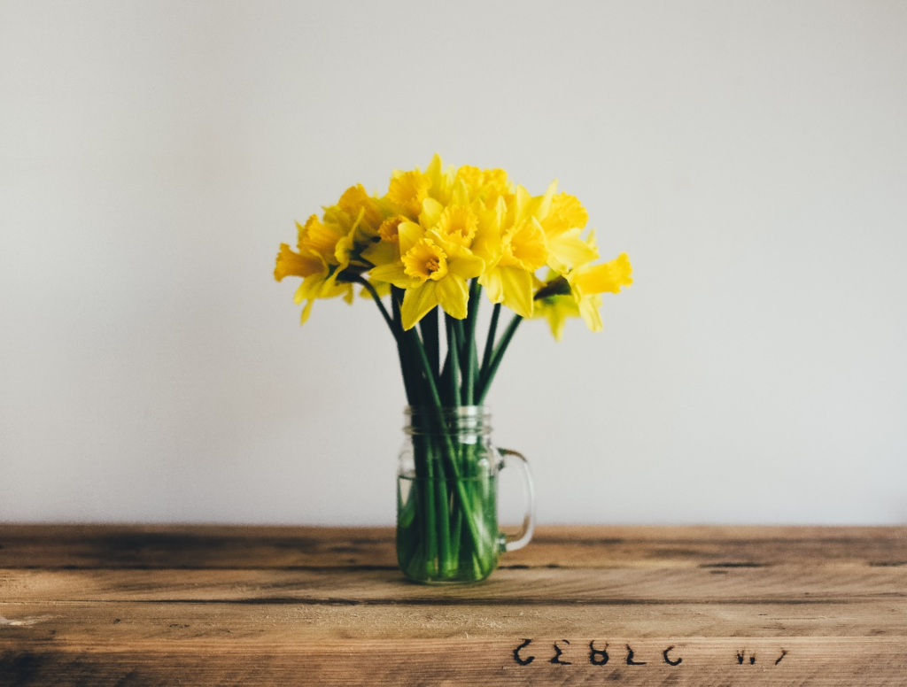 Flower vase on a tabletop.