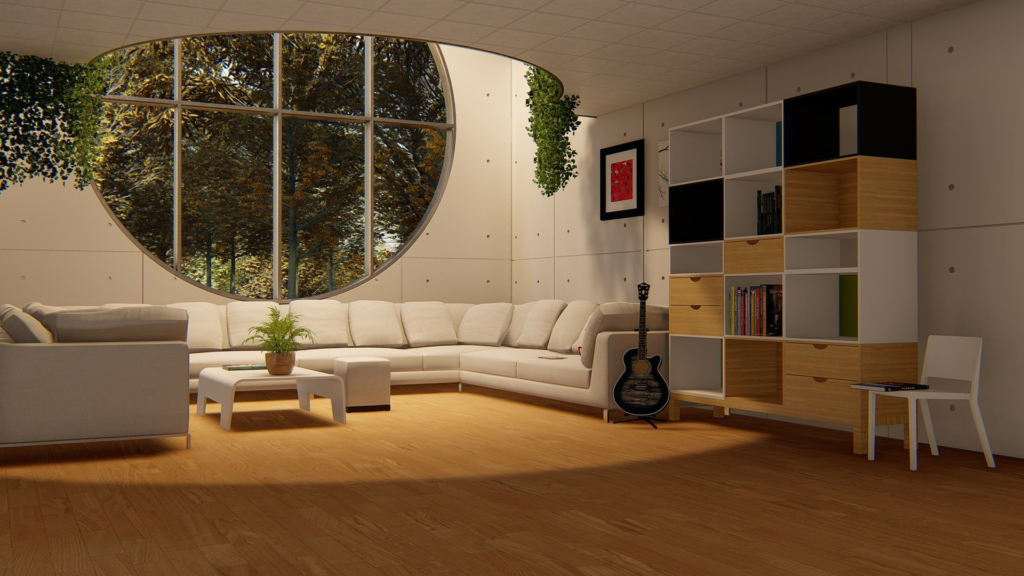 A modern living room with a hardwood floor