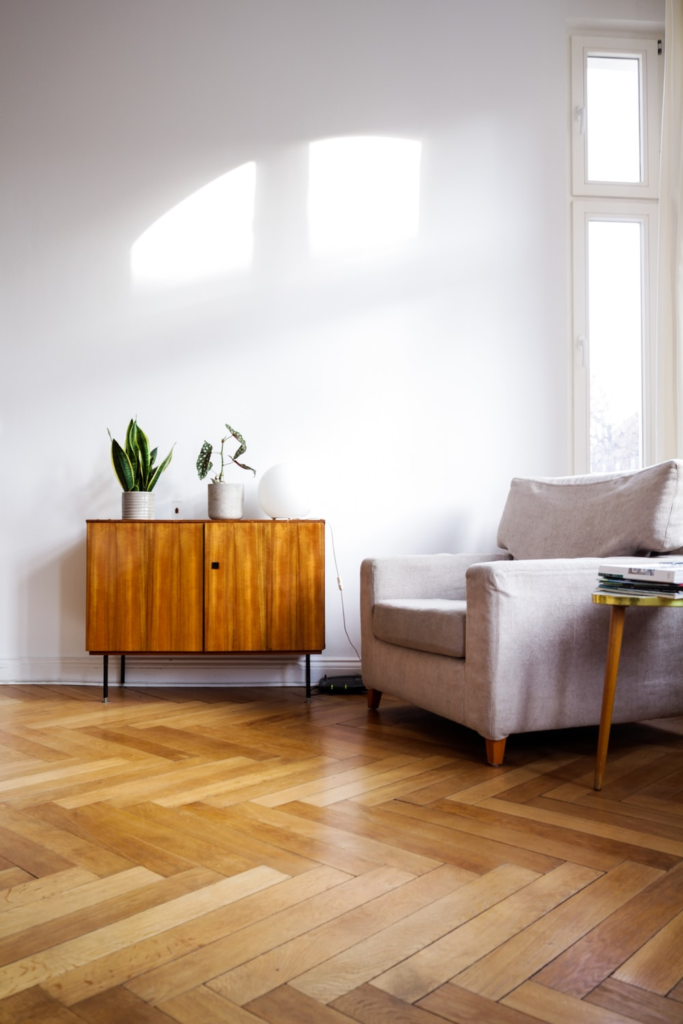 A living room with hardwood flooring