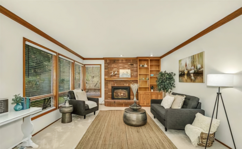 Elegant wood flooring with matching wooden shelves in a modern living space.