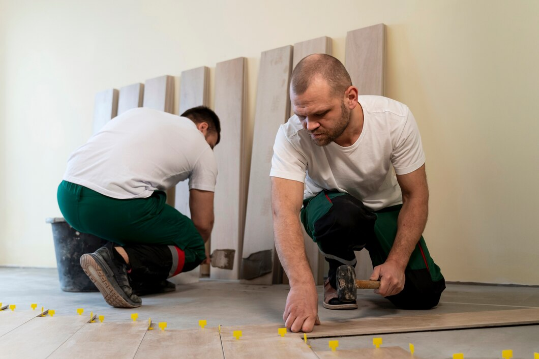 Professional workers installing hardwood flooring in a home.